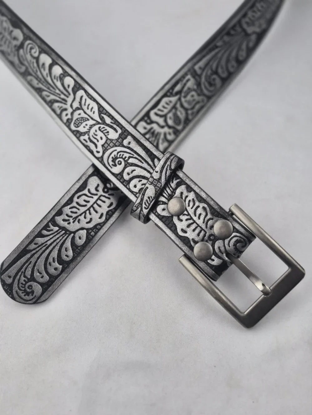 Silver-Tone Floral Embossed Black Leather Belt Western Cowboy Size XL